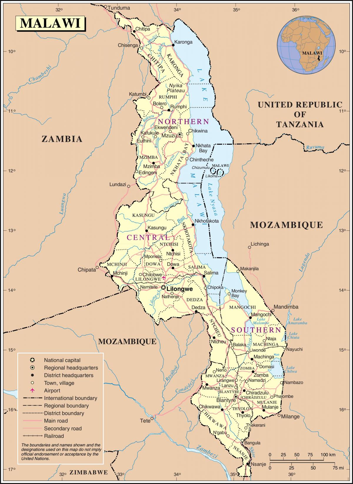 peta dari Malawi menunjukkan jalan
