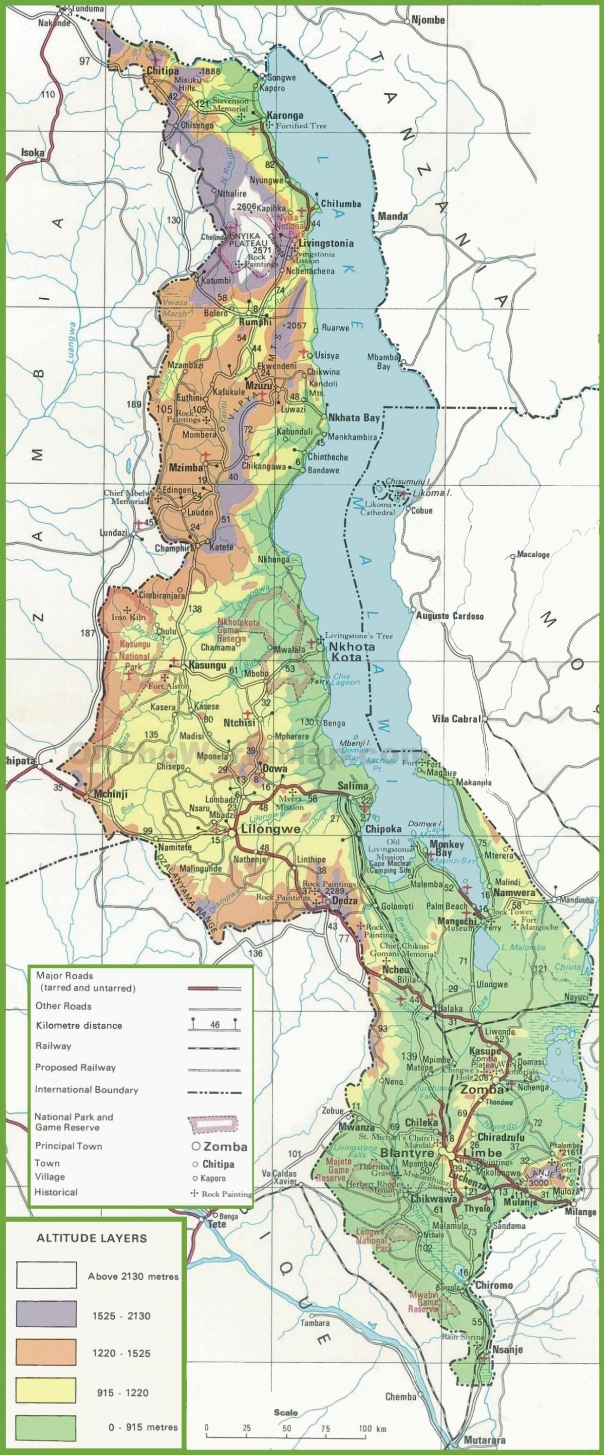 peta dari peta fisik dari Malawi