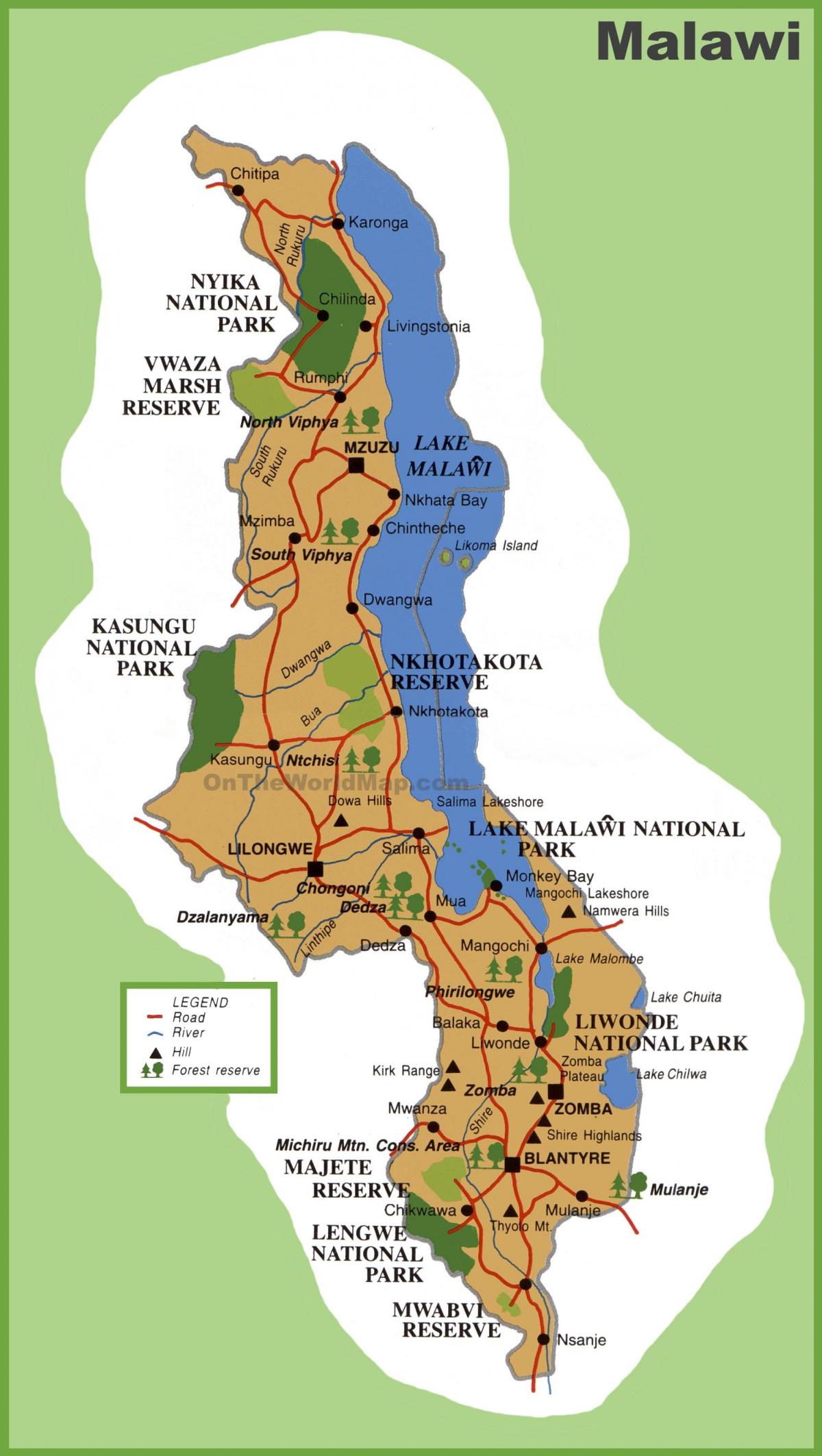 peta dari Malawi dan negara-negara sekitarnya